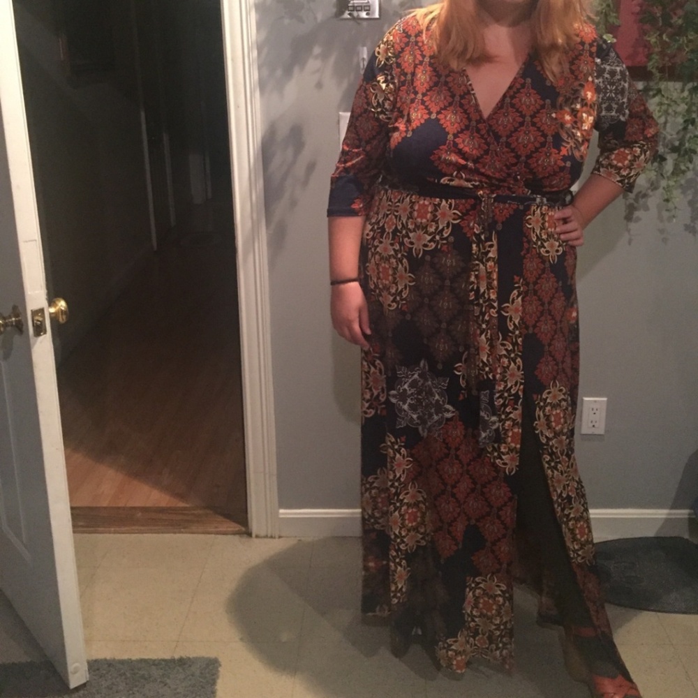 FTF Oriental Patterned Slit Maxi Dress Mid Sleeve